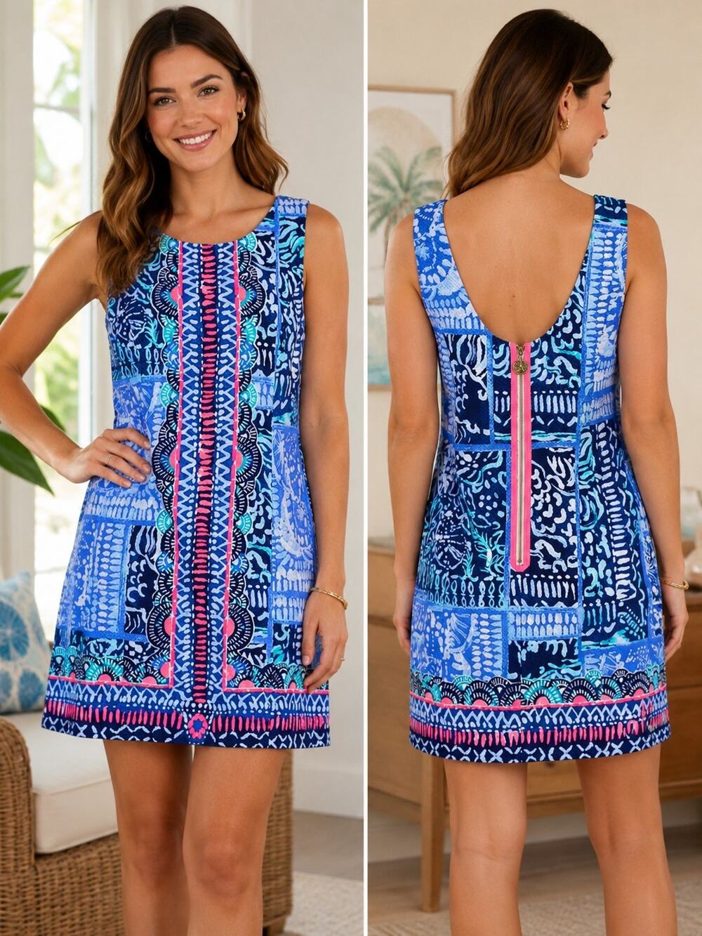 Lilly Pulitzer Dress Size 8 Blue Pink Sleeveless Scoop Neck Zipper Back